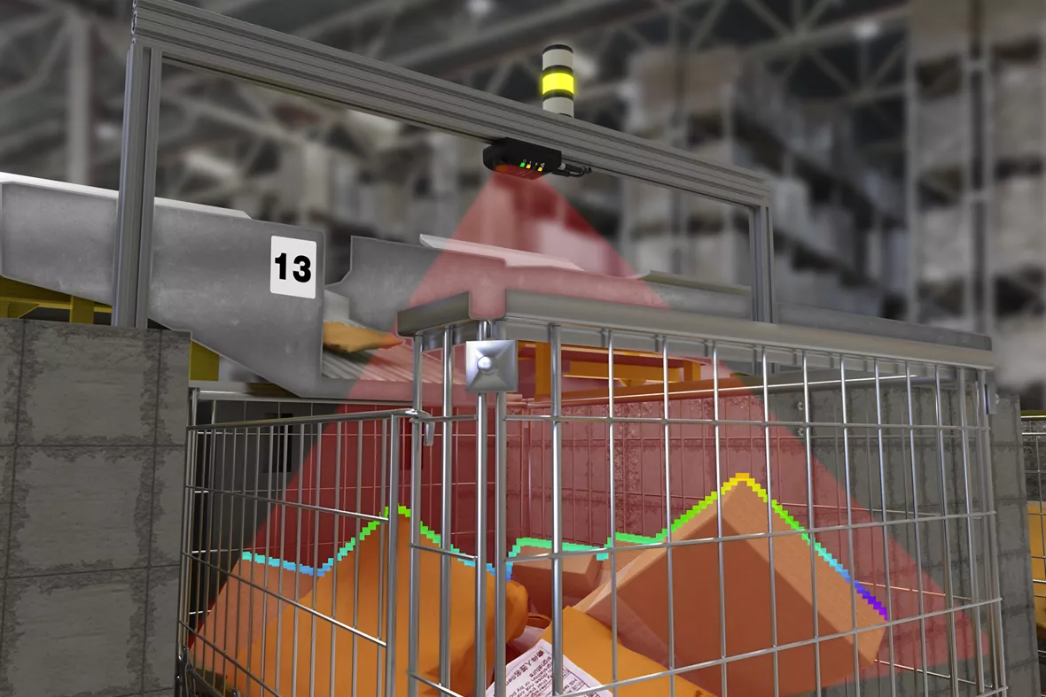 ZMX 傳感器檢測大型金屬籃中成堆包裹的輪廓，黃色指示燈位于上方