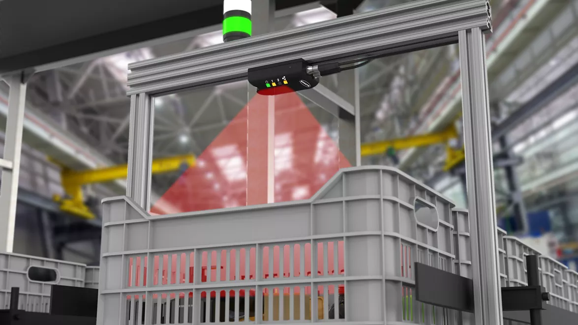 ZMX 傳感器朝下，測量大塑料箱中各種小物品的高度