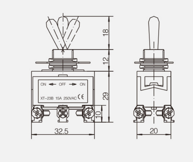 DPDT ON-OFF-ON KT-23B纽子开关|按钮开关产品型号-参数-接线图