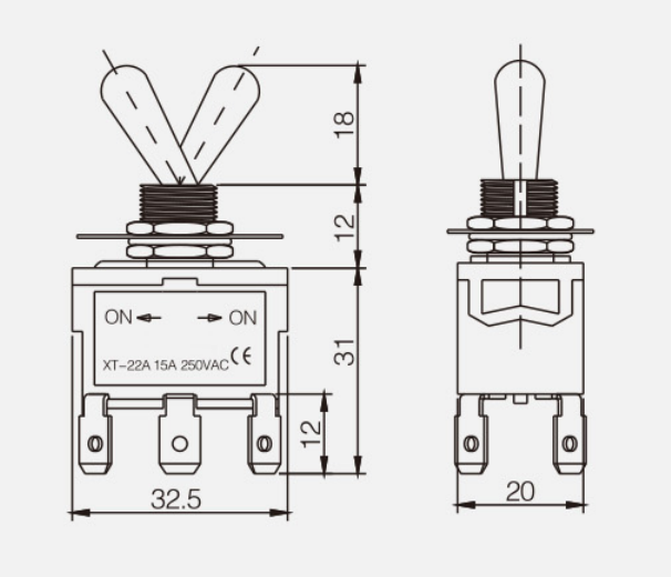 DPDT ON-ON KT-22A纽子开关|按钮开关产品型号-参数-接线图