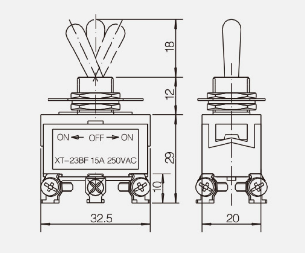 DPDT Auto Reset (ON)-OFF-(ON)KT-23BF纽子开关|按钮开关产品型号-参数-接线图