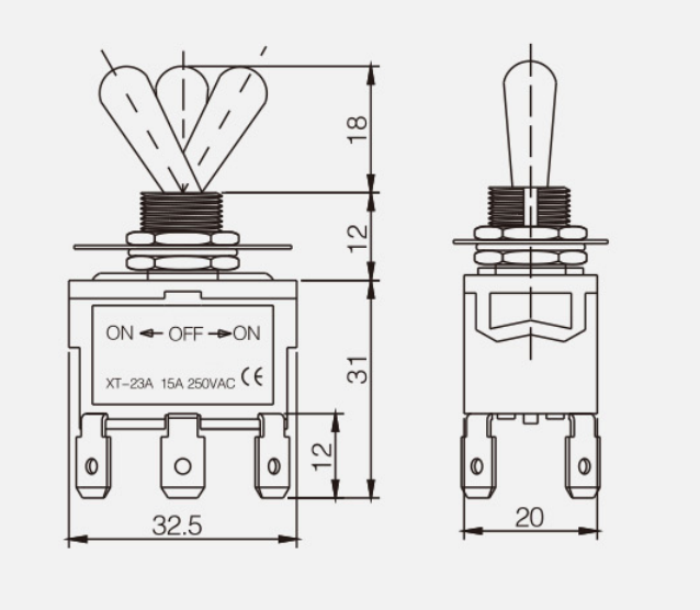 DPDT ON-OFF-ONKT-23A纽子开关|按钮开关产品型号-参数-接线图