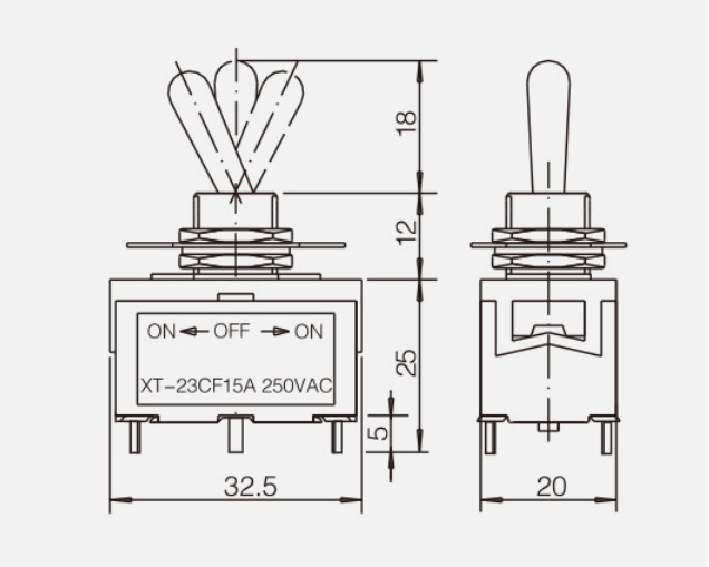  DPDT Auto Reset (ON)-OFF-(ON)KT-23CF纽子开关|按钮开关产品型号-参数-接线图