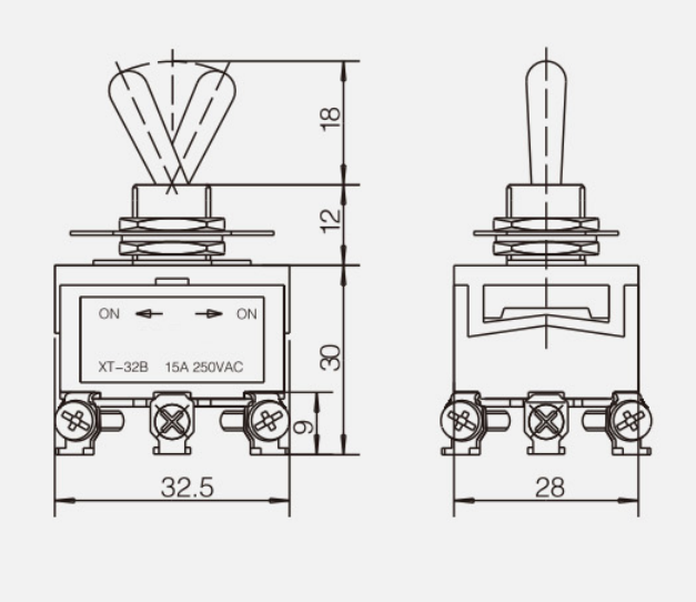 TPDT ON-ON KT-32B纽子开关|按钮开关产品型号-参数-接线图