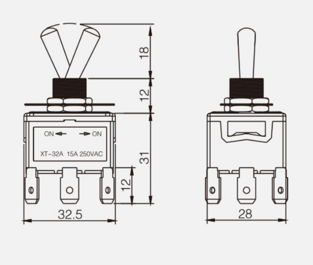 TPDT ON-ON KT-32A纽子开关|按钮开关产品型号-参数-接线图