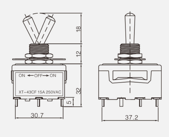 TPDT Auto Reset (ON)-OFF-(ON)KT-43CF钮子开关|按钮开关产品型号-参数-接线图