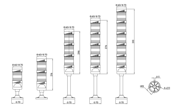 KJT60-70系列桿盤式塑料多層塔燈|塑料多層塔燈型號-參數-尺寸圖-接線圖