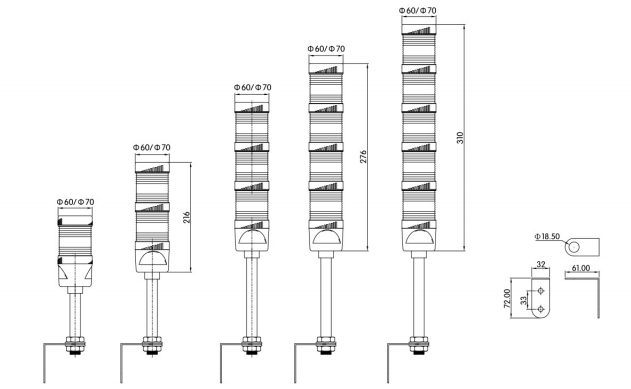 KJT60-70系列桿+L型支架塑料多層塔燈|塑料多層塔燈型號(hào)-參數(shù)-尺寸圖-接線圖