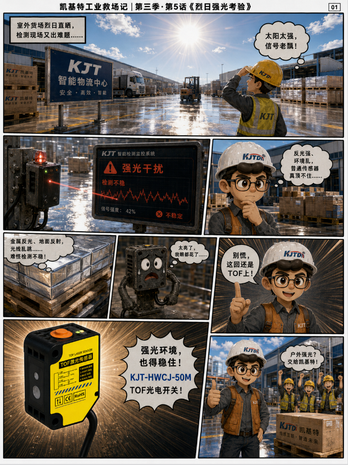 凯基特工业救场记｜KJT-HWCJ-50M TOF光电开关  ：强光、对位、缺料、雨雾，一个个稳住！