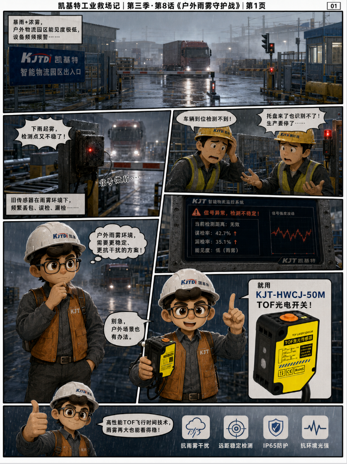 凯基特工业救场记｜KJT-HWCJ-50M TOF光电开关  ：强光、对位、缺料、雨雾，一个个稳住！